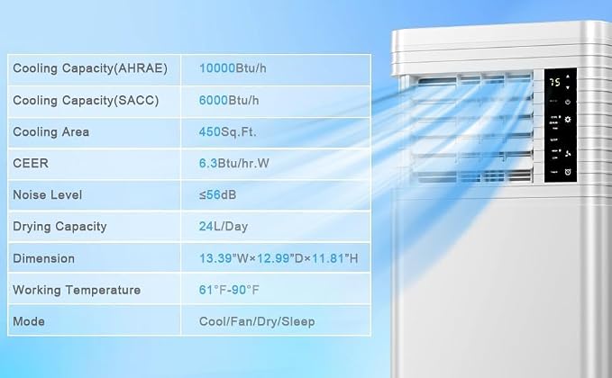 Antarctic Star 10,000 BTU ASHRAE Portable Air Conditioner, 4‑in‑1 Quiet AC Unit with Dehumidifier & Fan Mode, Ultra Easy Install, Cools up to 450 Sq Ft for Bedroom, Office, Studio & Apartment