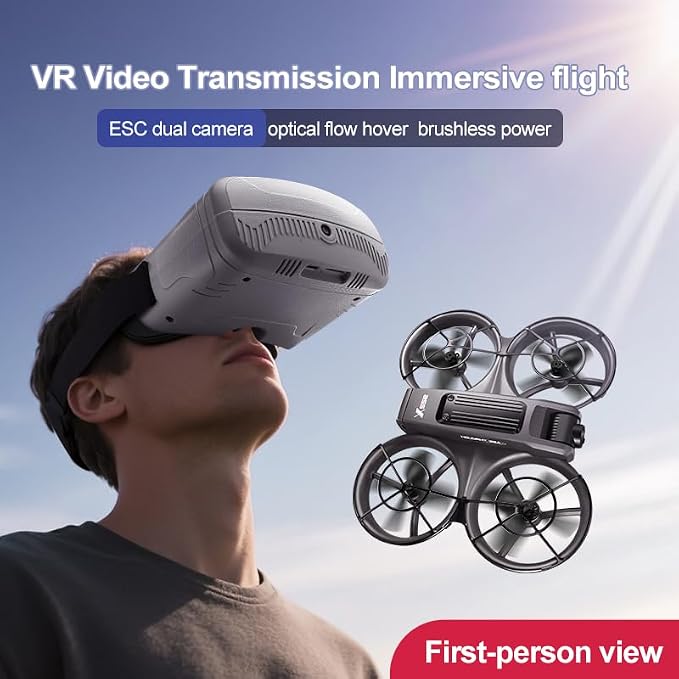 VR FPV Hobby Drone with VR Goggles, Optical Flow Positioning, Dual Batteries, One Key Takeoff/Landing, APP Control, Brushless Motor, Beginner-Friendly Quadcopter with Propeller Guards, Altitude Hold, Dual Cameras & LED Night Lights, a first-person view
