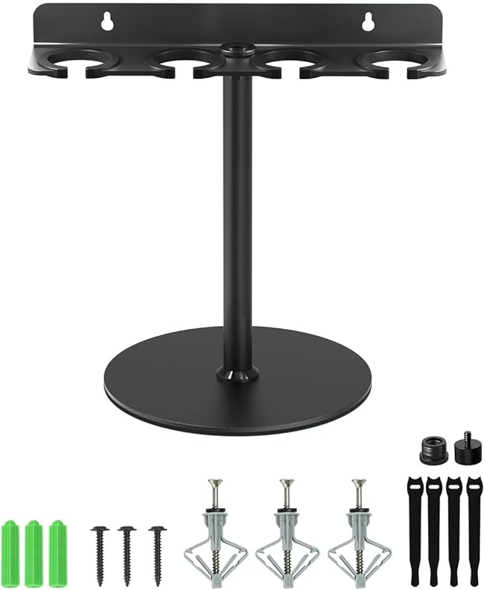 Multi Mic Holder with Mic Stand, Aluminum Desktop Microphone Holder Stand with Rubber Padding, Wall Mounted or Mount on Stand, Handheld Mics Storage for Podium, Stage, Church and Home Studio