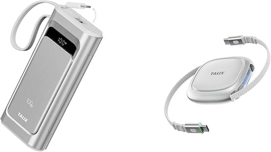 TALIX Portable Charger Bundle, 100W 10000mAh Power Bank with Built-in USB-C Cable and 240W Retractable USB-C Cable, 3-Port Fast Charging Battery Pack for iPhone 17 Samsung MacBook Travel