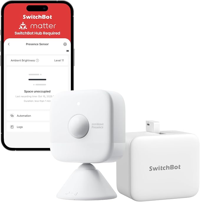 SwitchBot Smart mmWave Radar Motion Sensor, Bluetooth Presence Sensor with Dynamic Detection & Zone Positioning, Compatible with Alexa, HomeKit & Apple Home (Presence Sensor&Bot)