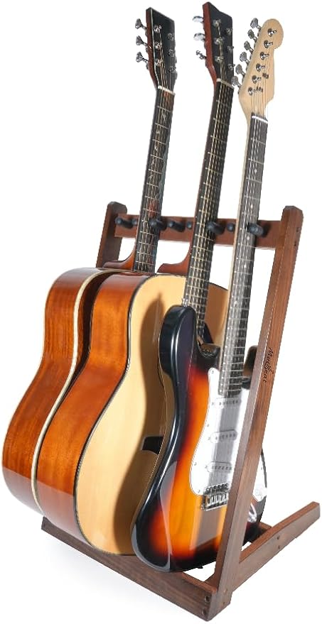 Multi Guitar Stand, Black Walnut Wood Multiple Guitar Stand for 2 Acoustic, 3 Electric or 3 Bass, Hardwood Instrument Rack for Men, Wooden Floor Acoustic Rack for Home Decor, Studio Display