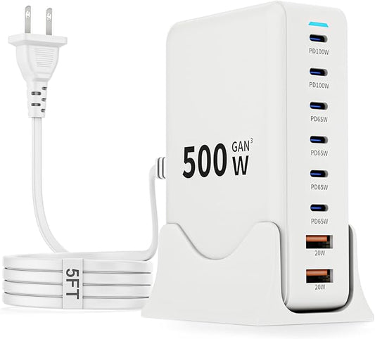 500W GaN USB C Charger Block Charging Station 8 Port Fast Charger Block with Dual 100W PD USB-C Fast Charging Station Hub Compatible with iPhone 17/16 15/14/13/Pro Max/MacBook Pro/Air/All iPad (White)