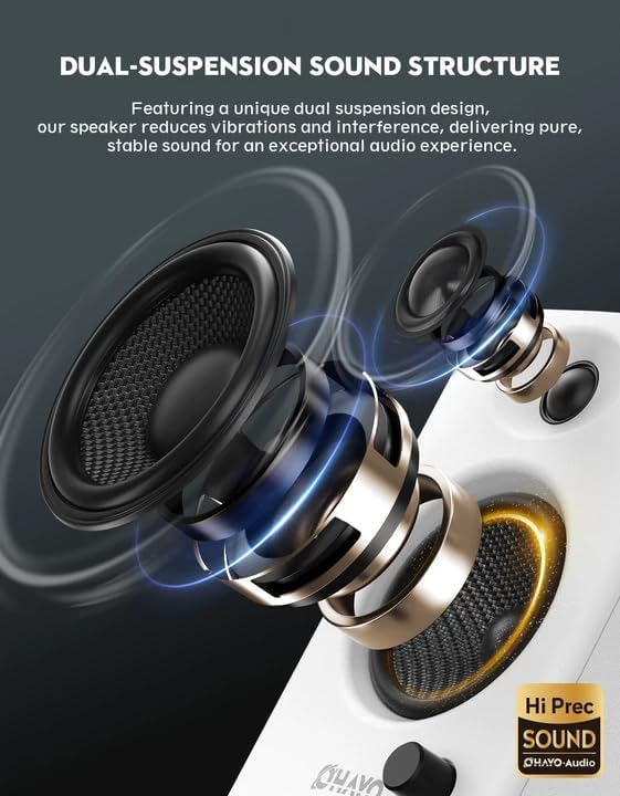 OHAYO 60W Computer Speakers for Gaming and Music, Active Bluetooth 5.3, Stereo 2.0 Speakers for Desktop PC Monitor or Laptop, Surround Sound Speaker, 3.5 mm Aux RCA Input, USB-Powered, 1 Pair, White