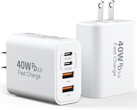 USB C Charger Block, 40W 4 Ports Type C Fast Phone Charging Blocks Cube PD USBC Wall Plug+QC 3.0 USB A Charger Brick Box Power for iPhone 17/16/15/14/13/12 Pro Max, iPad, Samsung Galaxy, Pixel, 2Pack