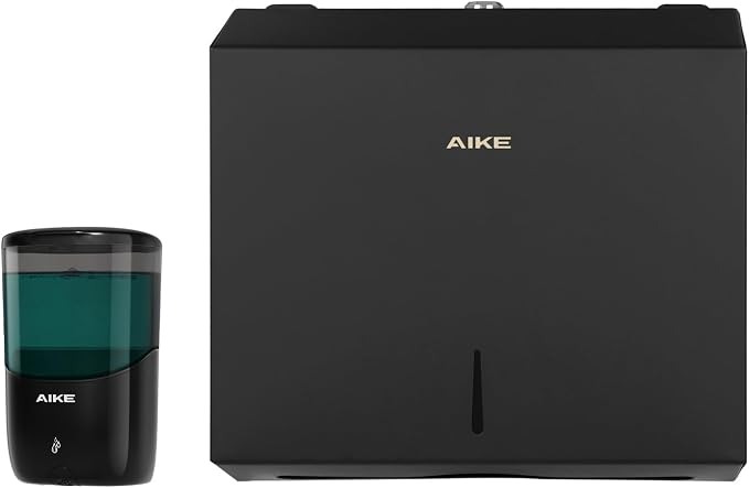 AIKE Automatic Commercial Soap Dispenser and Wall Mount Paper Towel Dispenser Bundle, Model AK1216& AK5180 Black