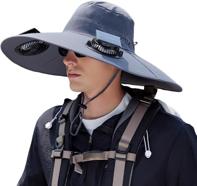 Solar Fan Hat 2 Fans, Outdoor Wide Brim Fishing Hat with Fan, Solar Cooling Bucket Fisherman Hats, Quick Dry Sun Cap with Fan