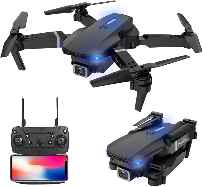 E88 Pro Drone with 4K Camera, WiFi FPV 1080P HD Dual Foldable RC Quadcopter Altitude Hold, Headless Mode, Visual Positioning, Auto Return Mobile App Control, Black, 7.83 x 7.17 x 2.87 inches, 02 batteries included