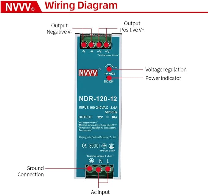 12Vdc 10Amp DIN-Rail Power Supply NDR 120W, Input:100-240VAC,Output:12VDC,Power Supply Switch Switching Converter DC