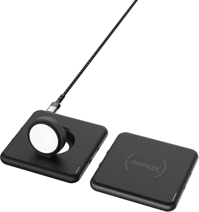 RapidX Modula5 Modular Wireless Charging System - 1 Phone Pod + 1 Watch Pod + 30W Adapter, Black (Model: RX-MP03PWA)