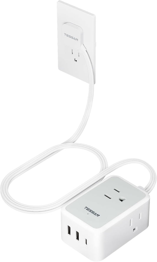 Short Flat Extension Cord, TESSAN Small Power Strip with 3 USB Port (1 USB C), 3 Outlets Small Charging Station, 3 ft Slim Plug for Cruise Travel Office School Dorm Room Essentials