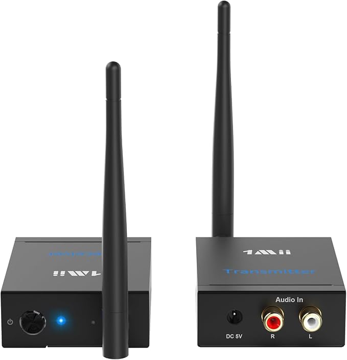 1Mii 2.4Ghz (1 TX + 1 RX) Wireless Audio Transmitter Receiver for TV, 320ft Long Range 20ms Low Delay HiFi Audio, Wireless Adapter Kit for Powered Speaker/Stereo, RCA(3.5mm AUX) Out/Input