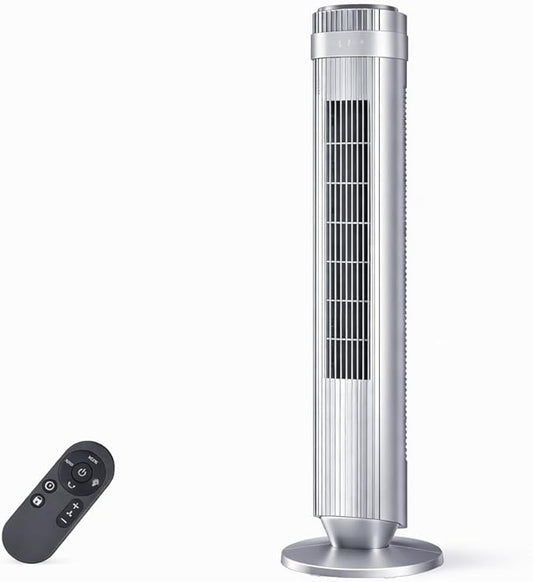 Tower Fan for Bedroom, Oscillating Bladeless Fan with Remote, 5 Speeds 4 Modes Quiet Fan 28dB, 22.3ft/s High Velocity,12H Timer, LED Display Cooling Fan Floor Standing Fan for Home Office, Silver