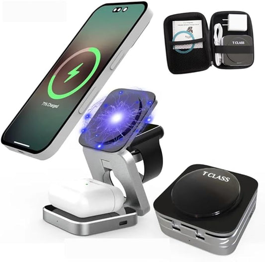 Wireless 3 in 1 Magnetic Charging Station, Portable, Foldable, Fast Charge, Travel | Black and Silver Mobile Phone Holder | with Extra Magnetic Ring | New Anti-Slip Earbud Base Charger