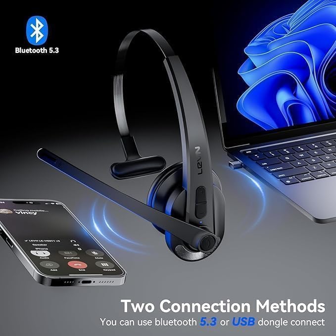 Wireless Headset with Mic for Work, Bluetooth Headset with AI Noise Cancelling Microphone, Wireless Headphones with Mic & Mute Button, USB Dongle for Work from Home/PC/Computer/Call Center/ Teams/Zoom