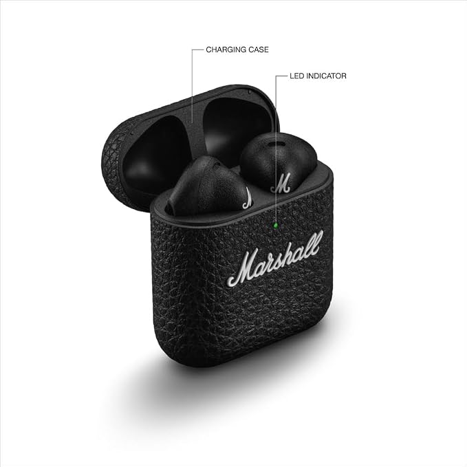 Marshall Minor IV True Wireless Bluetooth Earbuds - 30+ Hr Playtime with Charging Case | Microphone for Calls | IPX4 Water-Resistant Design - Black