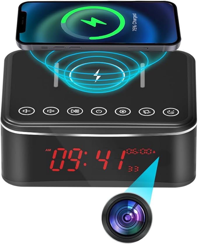 Hidden Camera Motion Activated/Stronger Night Vision/160°View Angle/HD 1080P,Indoor WiFi Camera with Bluetooth Speaker,Alarm Clock,Wireless/Wire Charger(2.4/5Ghz)