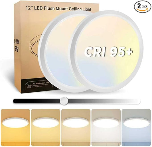 2Pack 12 Inch LED Flush Mount Ceiling Light, 25W, 3000LM, CRI 95+, 2700K-5000K 5CCT & Dimmable, White Round Surface Flat Panel Light for Hallway, Kitchen, Bedroom, Laundry Room
