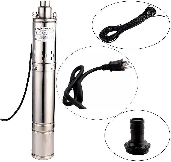3.5 Inch Tube Stainless Steel Deep Well Pump 1HP Submersible Screw Well Pump 220-240V/60Hz Well Water Pump Max.Head 100m/328ft Flow 8GPM 90mm Well Pump for Home and Industrial Garden Agricultural