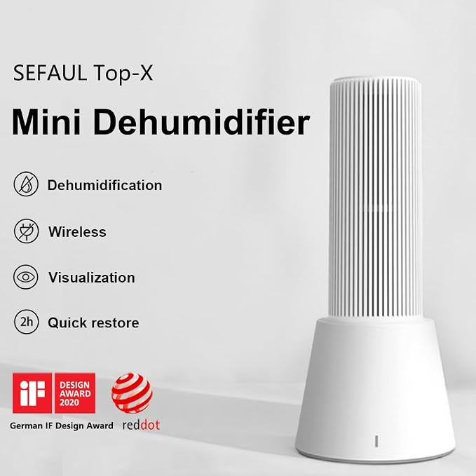 Cordless Gun Safe Mini Dehumidifier, White, 2+1 | Reusable, Rechargeable with Heating Base, Quiet, Portable Drier Stick, TOP-X