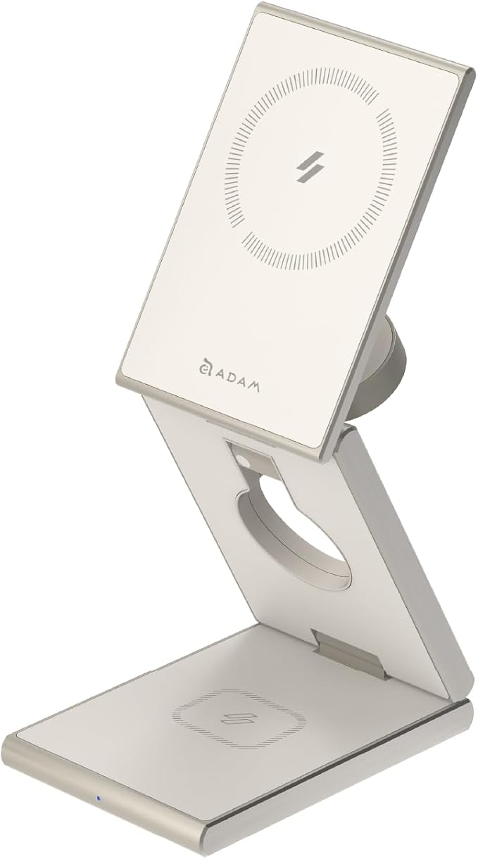 ADAM elements Mag Z 3-in-1 Foldable Travel Charging Station, Magnetic Wireless Charger for iPhone 17-12, Apple Watch, AirPods & Samsung Galaxy Watch, Compact Stand for Desk & Travel (Titanium)