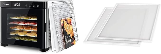 COSORI Food Dehydrator Machine(50 Recipes),6 Stainless Steel Trays with Digital Timer and Temperature Control& Food Dehydrator Fruit Roll Sheets for Jerky, Meat, Beef, Fruit, Vegetable,BPA-Free, 2pack