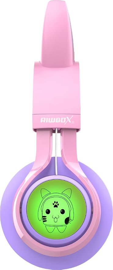 Riwbox Kids Headphones, CT-7S Cat Ear Bluetooth Headphones with LED Light, 85dB Volume Limiting, Over Ear with Microphone for Laptop/PC/TV (Pink&Purple)