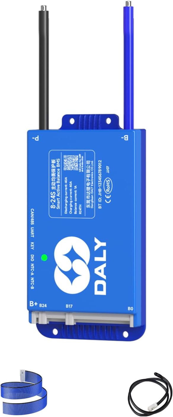 DALY BMS 40A 8S - 24S Built in Bluetooth 1A Active Cell Balancing RS485 CAN for 24V - 72V LiFePO4/Li - ion/LTO Battery Packs Perfect for Golf Cart, Home Energy System, E - Bike