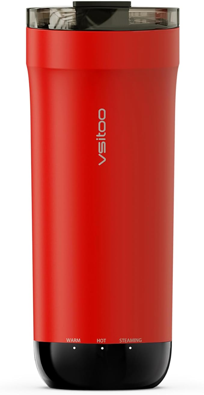 Vsitoo S5 Self Heating Travel Mug 16oz, Rechargeable Coffee Mug with Car Charger Kit, AI Auto-Sensing Temp Control Heated Cup for Home Office Car, App Control, Gift Women Men - Red