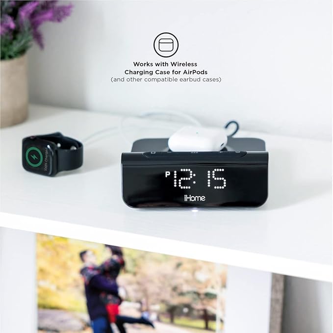 iHome 3-in-1 Magnetic Fast Wireless Charging Clock for Magsafe Enabled Devices, USB-C and USB-A Charging, 25W Total Power Output (iW23)