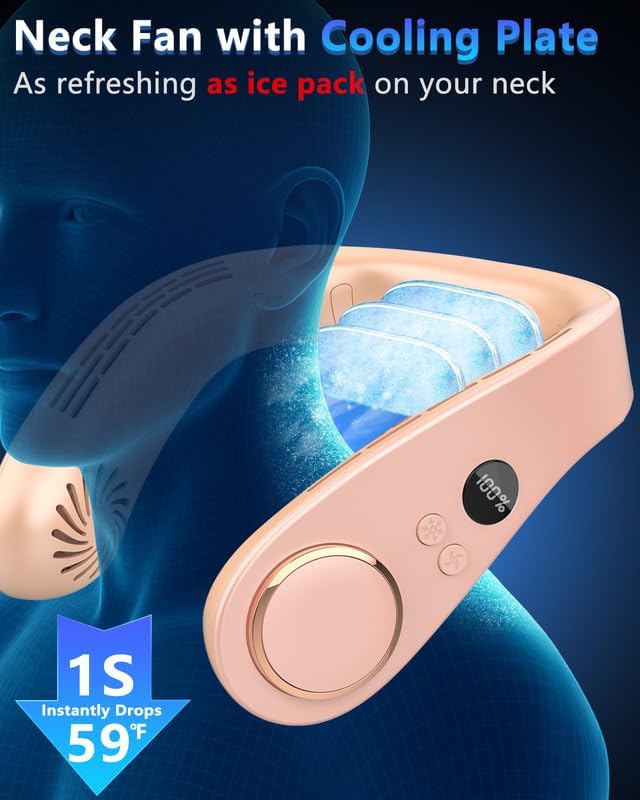 Neck Ac Air Conditioner,Portable Ice Frozen Neck Cooler with Cold Plate,Long Lasting No Blades Soundless Headset Cooling Fan Neck,Cordless Chargable Best Coldest Neckband Fans for Adult Kid Child Pink