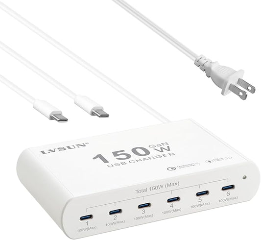 150W USB C Charging Station GaN 6 Port USB (100W Max) Charging Hub Block Fast Charger with USB-C to C 100W Cable for MacBook Pro, iPhone 17/16/15, Laptop, Tablet, iPad Pro and More, White