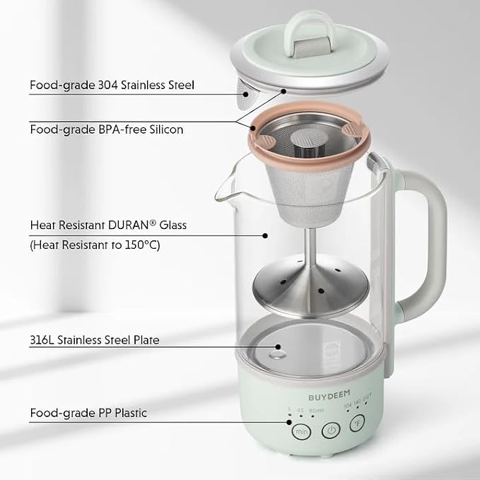 BUYDEEM K313 Travel Electric Kettle, Mini Healthy-Care Beverage Kettle, Tea Maker with Heat Resistant DURAN® Glass & Durable Pro 18/10 Pro Stainless Steel, 0.6L, Cozy Greenish