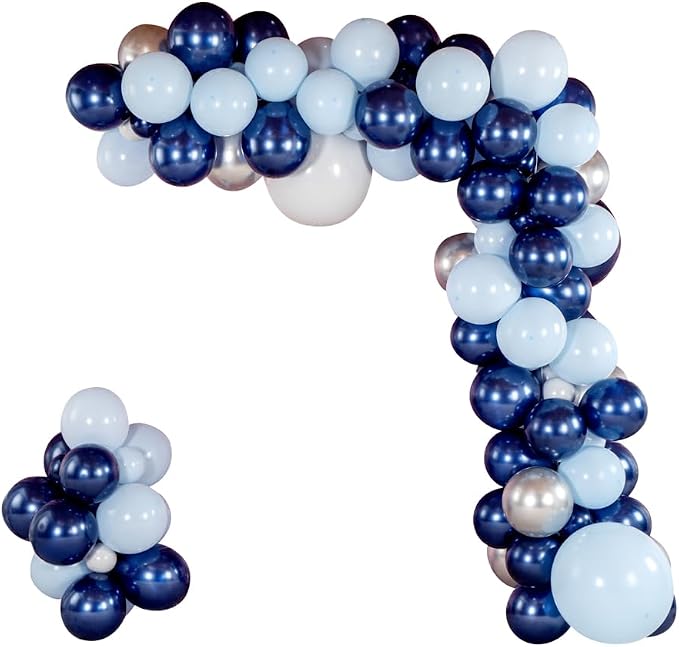 Restaurantware-Balloonify Balloon Garland Set, 1 Party Decoration Kit - 113 Balloons, With Chain, Navy, Sky Blue, & White Latex Balloon Arch Kit, Includes Glue Dots