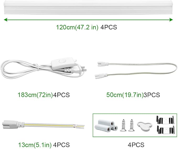 LightingWill T5 Integrated Fixture 4FT, Warm White 3000-3500K, 20W, Linkable LED Shop Light, LED Ceiling and Under Cabinet Light, Corded Electric with Built-in ON/Off Switch, 4 Pack