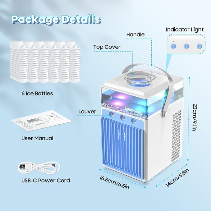 Portable Air Conditioner Fan, Rechargeable 5-IN-1 Personal Mini Cooler Humidifier, 3-Speed Evaporative Air Cooler with 7 Color Lights, Cordless AC Desktop Spray Fan, Quiet Desktop (White)