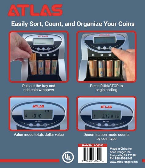 ATLAS Automatic Coin Counter and Coin Sorter with Digital Display (AC-150D) - 5 Coin Counting Modes: Total, Pennies, Nickels, Dimes, Quarters. Auto-Stop When Coin Roller is Full. | Quickly counts and sorts 3 rolls of coins per minute