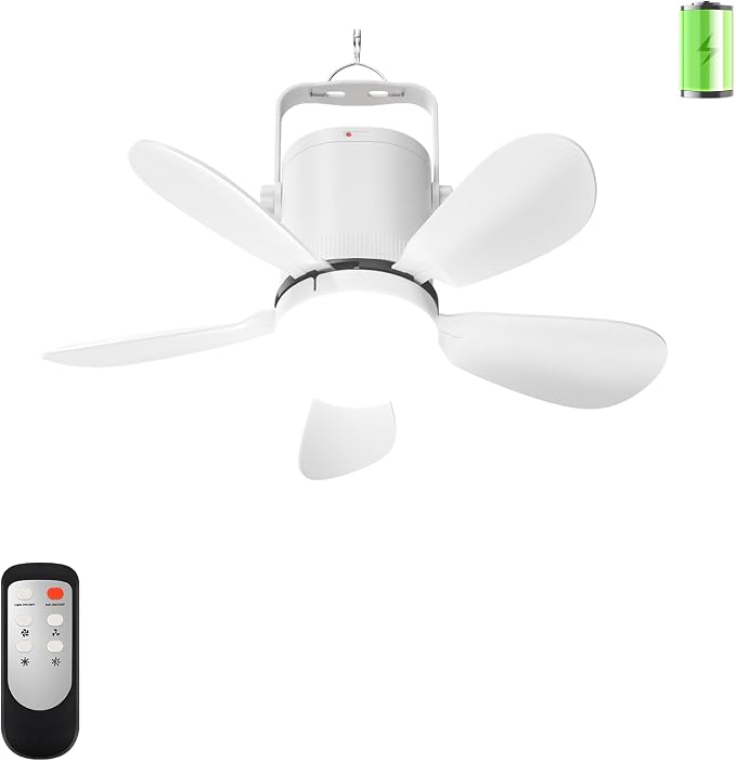 Ceiling Fan Light, Battery Operated Gazebo Fan Light with Remote, Portable Rechargeable Camping Fan Light for Outside, Wireless, for Outdoor Tent Canopy Porch Patio Greenhouse RVs Pergola
