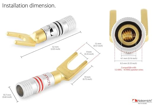 Nakamichi Excel Series 24k Gold Plated Spade Y Banana Plug 12-18 AWG Gauge Size 4mm for Speakers Amplifier Hi-Fi AV Stereo Home Theatre Audio Wire Cable Screw Connector, 2 Pcs (1-Pair)