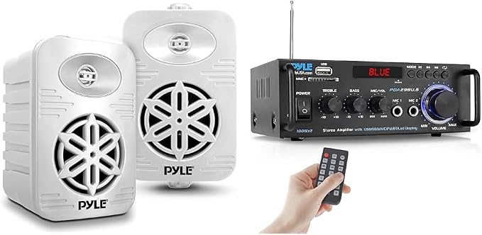 Pyle 300 Watt Waterproof Indoor Outdoor Speakers and 200W Bluetooth Stereo Amplifier Bundle
