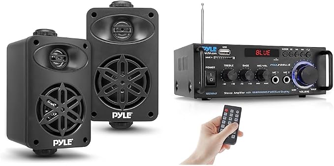 Pyle Indoor Outdoor Speakers and Bluetooth Stereo Amplifier Bundle