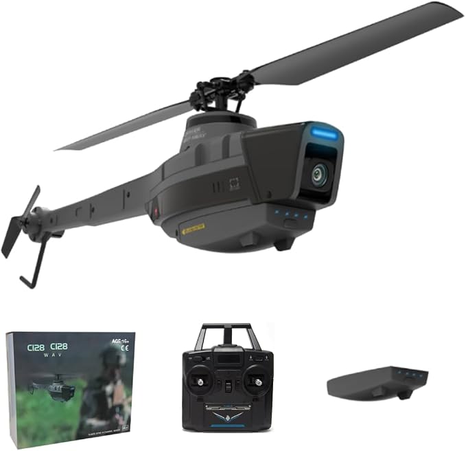 C128 RC Helicopter with Camera, 4CH Remote Control Drone Reconnaissance Military Aircraft Helicopter Model, One Key take Off/Landing - RTF