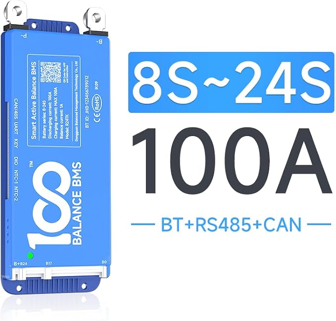 DALY BMS 100A 8S - 24S Built in Bluetooth 1A Active Cell Balancing RS485 CAN for 24V - 72V LiFePO4/Li - ion/LTO Battery Packs Perfect for Golf Cart, Home Energy System, E - Bike