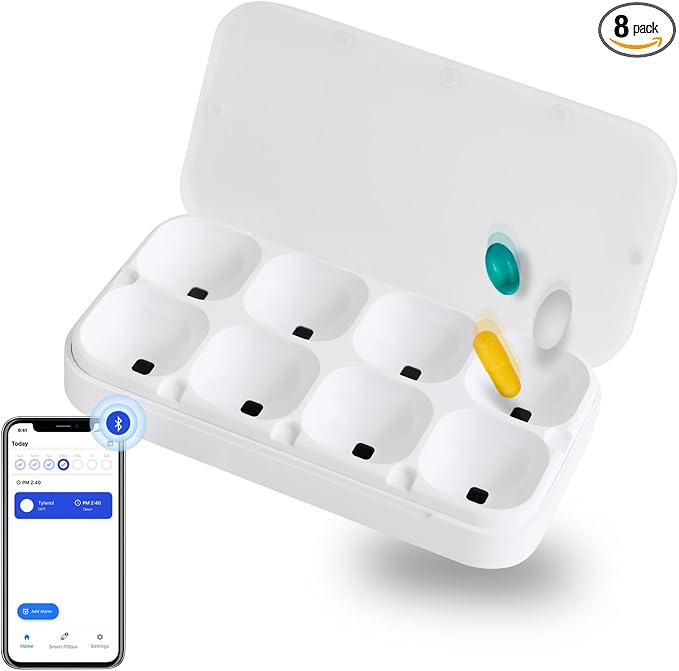 DEFI Smart Pillbox | Bluetooth Pill Organizer, Travel Medication Organizer & Daily Pill Case, Portable Medicine Holder for Vitamins & Supplements | Sound & Light Reminder App (Large, 8 Slots)