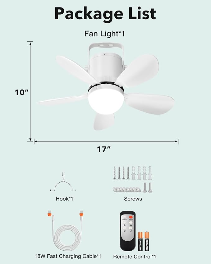 Ceiling Fan Light, Portable Battery Gazebo Fan with Remote Control & Fast Charging Cable, Rechargeable Wireless Camping Fan Outside, for Outoor Tent Porch Canopy Pergola RV Travel