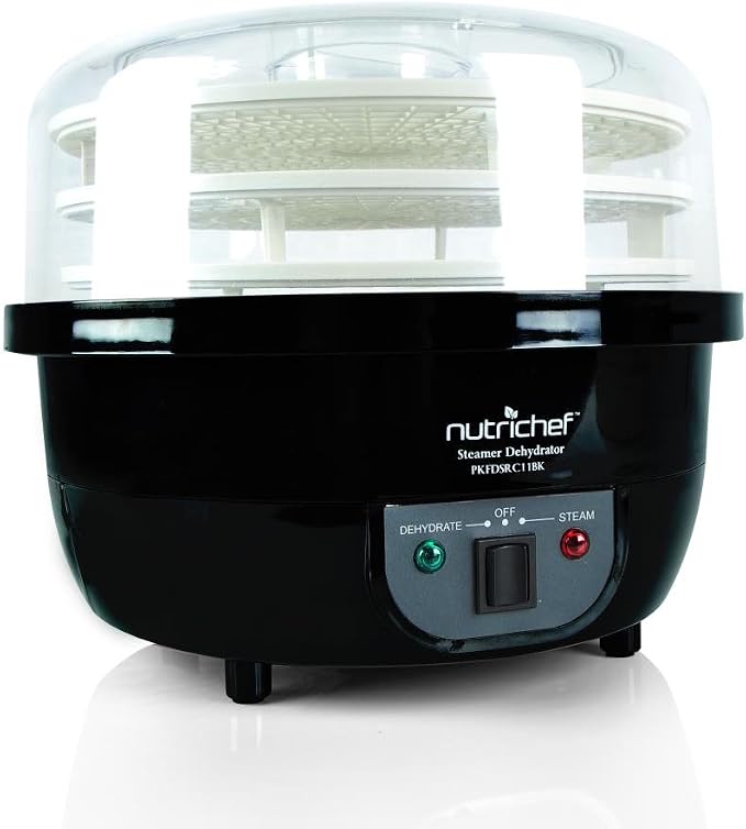 NutriChef Food Dehydrator Machine and Professional Electric Steamer, Cooker, Meat Preserver, Beef Jerky Maker, Fruit Dryer, Steams Rice and Vegetables with Stackable Trays in Black