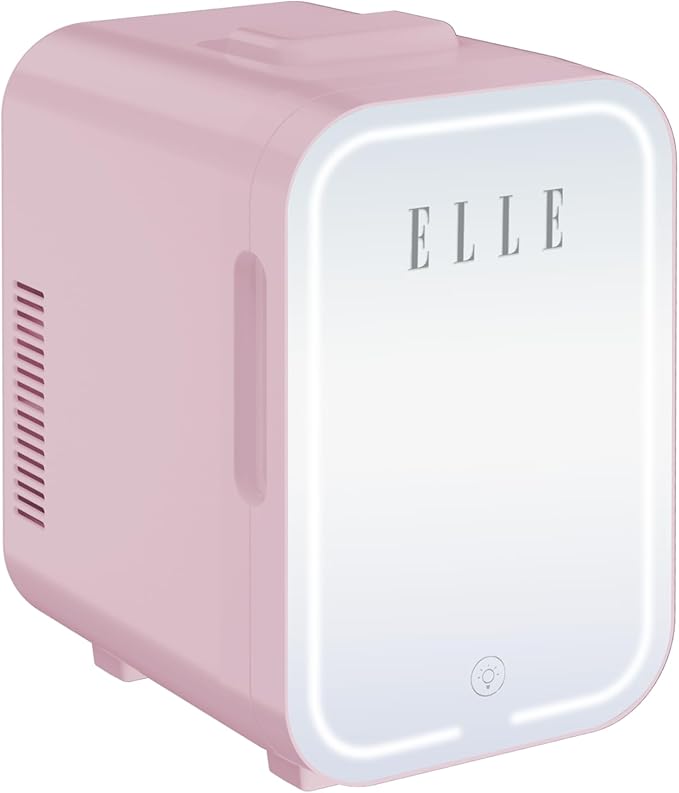ELLE 8L Mini Cooler Fridge with LED Makeup Mirror for Skincare & Cosmetic Storage Cooler & Warmer Removable Shelf Carrying Handle AC DC Power Options Small Refrigerator for Bedroom Car Office Pink