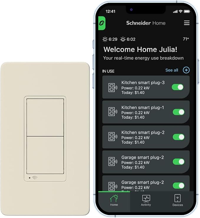 Square D by Schneider Electric X Series 15 Amp WiFi Energy Monitoring Light Switch, Single-Pole/3-way, 600 Watt, Rocker, Matter Certified, Works with Alexa, Google Home, Apple Home, Matte Light Almond
