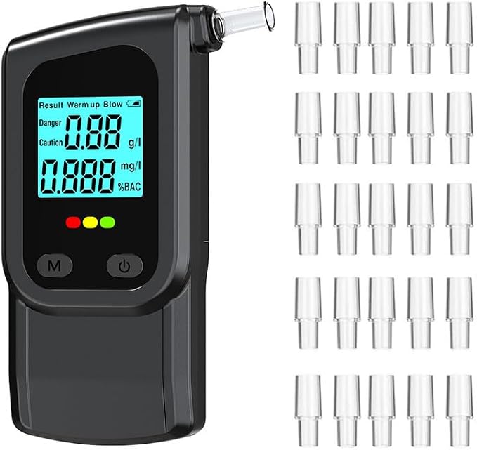 Breathalyzer Alcohol Tester with LCD Digital Display, Portable BAC Breathalyzer, Accurate Personal Alcohol Tester for Home and Driving Safety, Includes 25 Mouthpieces, Compact Design (Black)