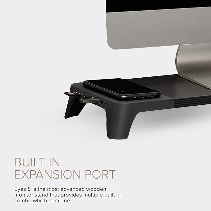 POUT E8 Wood Desk Monitor Computer Stand Riser Shelf + USB HUB + Qi Fast Wireless Charging Charger Pad Mat for Laptop, Apple, iMac, PC, iPhone, Samsung Galaxy, Airpod 2, Buds (Black)